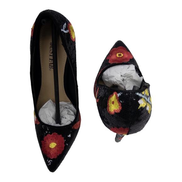 JustFab Black Sequin Red Floral Embroidered Pointed Toe Stiletto High Heels 6 - Picture 6 of 14
